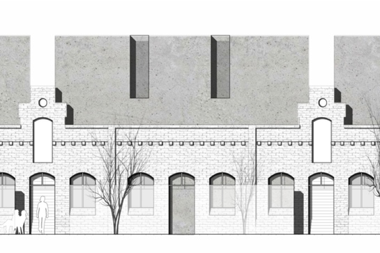 Fassadenansicht (Ausschnitt): Die Beton-Kuben der neuen Gebäude ragen über die historische Aussenmauern hinaus.