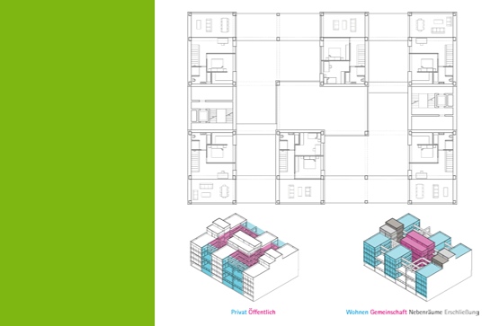 Private und öffentliche Flächen des Gebäudes, darüber der Grundriss (obere Wohnebene)